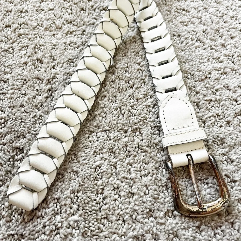 County Seat Womens Ivory Woven Belt Sz L Braided Leather Western Classic Brass